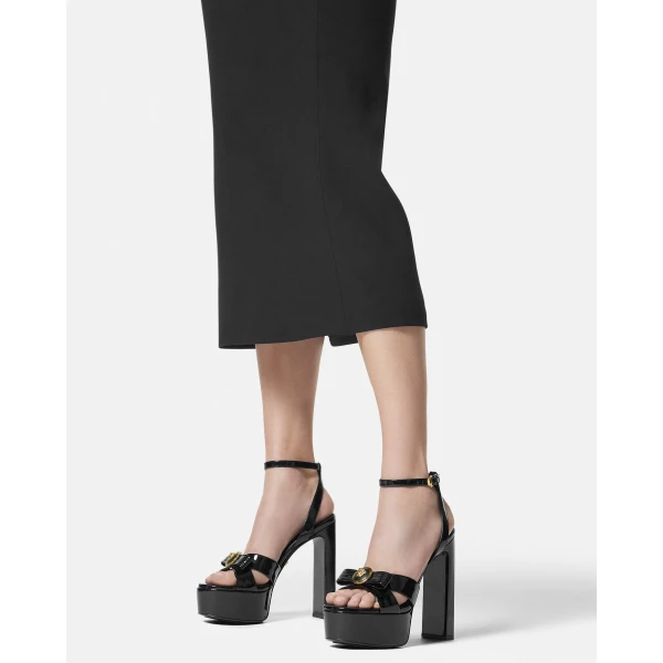 Versace Gianni Ribbon Patent Sandals 140 mm in Black and Gold, view 3 | Sandals