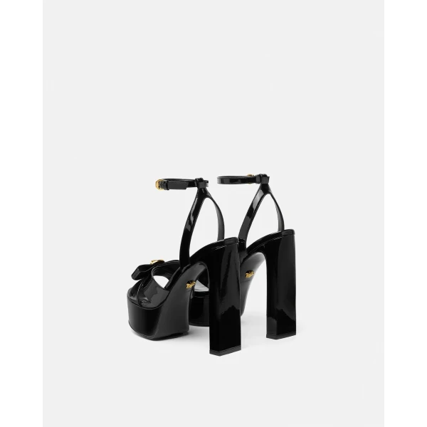 Versace Gianni Ribbon Patent Sandals 140 mm in Black and Gold, view 4 | Sandals