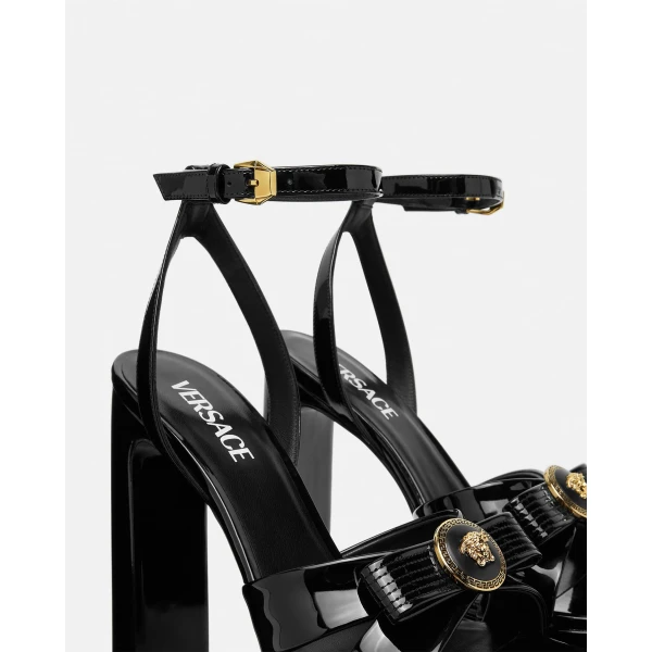 Versace Gianni Ribbon Patent Sandals 140 mm in Black and Gold, view 5 | Sandals