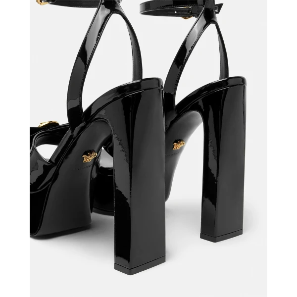 Versace Gianni Ribbon Patent Sandals 140 mm in Black and Gold, view 6 | Sandals