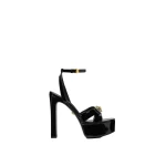 Versace Gianni Ribbon Patent Sandals 140 mm in Black and Gold | Sandals | Coveti