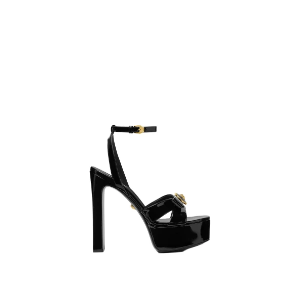 Versace Gianni Ribbon Patent Sandals 140 mm in Black and Gold | Sandals | Coveti
