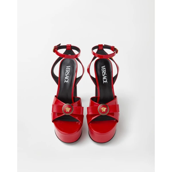 Versace Gianni Ribbon Patent Sandals 140 mm in Red, view 2 | Sandals