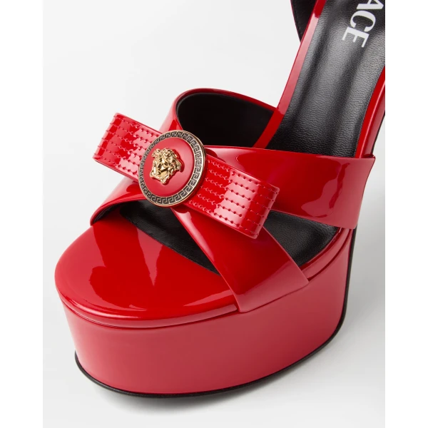Versace Gianni Ribbon Patent Sandals 140 mm in Red, view 3 | Sandals