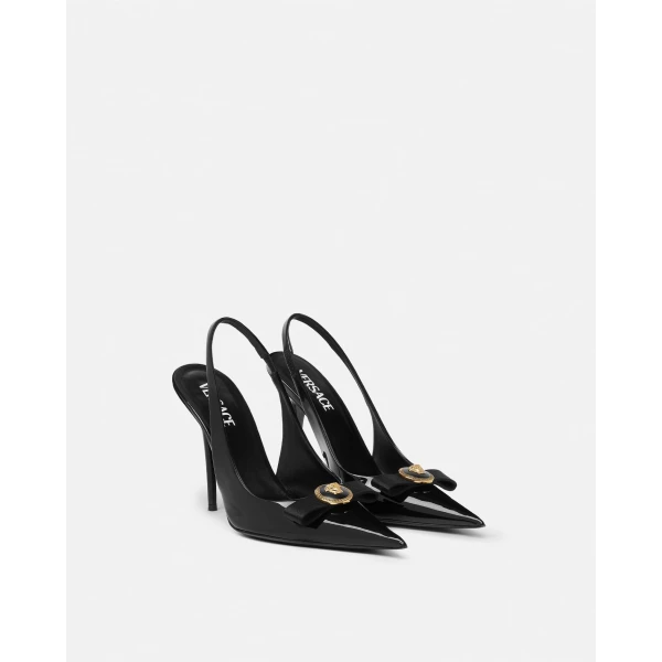 Versace Gianni Ribbon Patent Slingbacks 110 mm in Black and Gold, view 2 | Heels