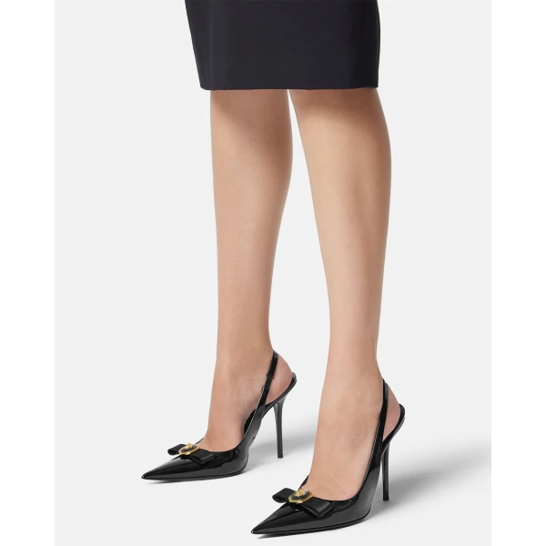 Versace Gianni Ribbon Patent Slingbacks 110 mm in Black and Gold, view 3 | Heels