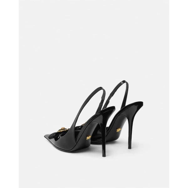 Versace Gianni Ribbon Patent Slingbacks 110 mm in Black and Gold, view 4 | Heels