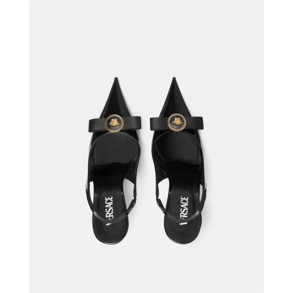 Versace Gianni Ribbon Patent Slingbacks 110 mm in Black and Gold, view 5 | Heels
