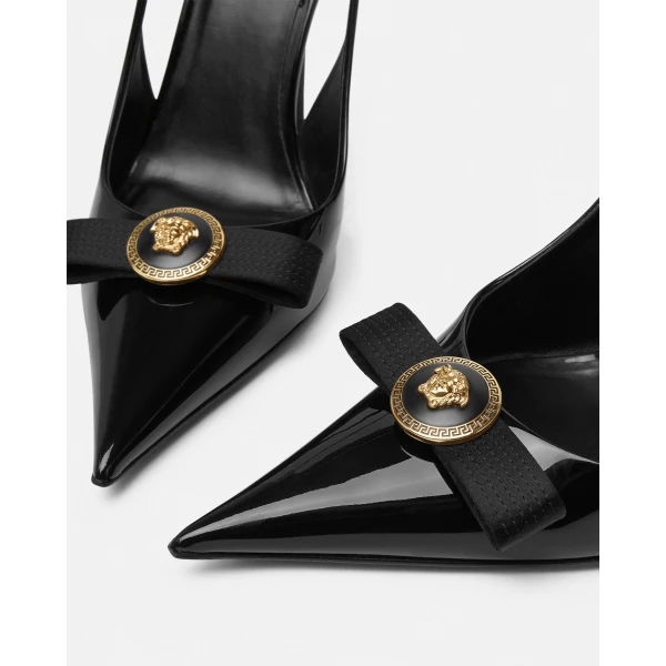 Versace Gianni Ribbon Patent Slingbacks 110 mm in Black and Gold, view 6 | Heels