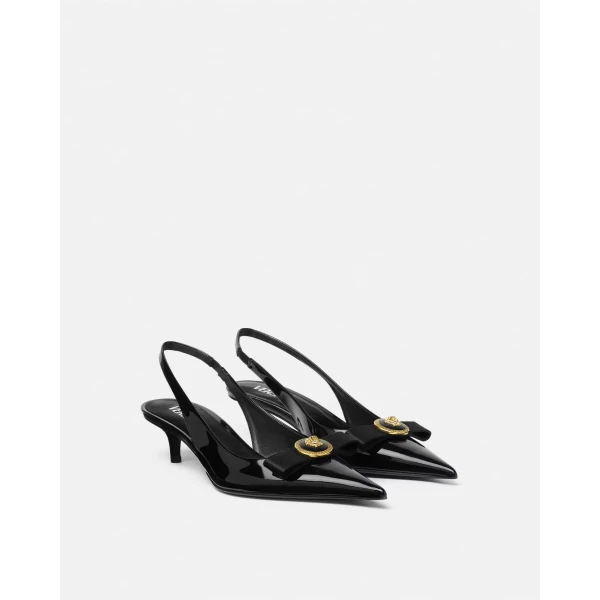 Versace Gianni Ribbon Patent Slingbacks 45 mm in Black and Gold, view 2 | Heels