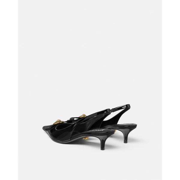 Versace Gianni Ribbon Patent Slingbacks 45 mm in Black and Gold, view 3 | Heels