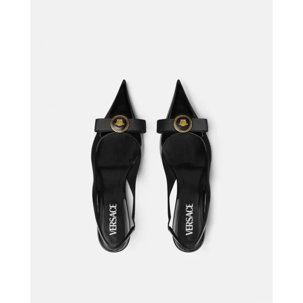 Versace Gianni Ribbon Patent Slingbacks 45 mm in Black and Gold, view 4 | Heels