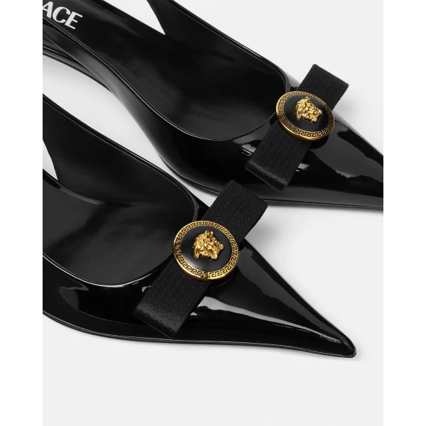 Versace Gianni Ribbon Patent Slingbacks 45 mm in Black and Gold, view 5 | Heels
