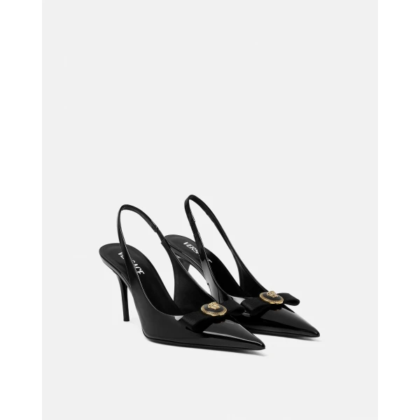 Versace Gianni Ribbon Patent Slingbacks 85 mm in Black and Gold, view 2 | Heels