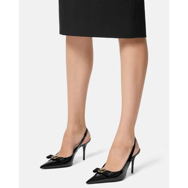Versace Gianni Ribbon Patent Slingbacks 85 mm in Black and Gold, view 3 | Heels