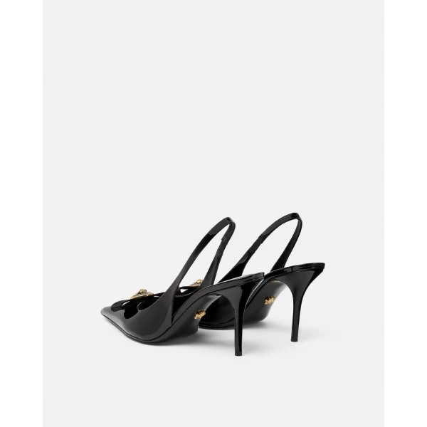 Versace Gianni Ribbon Patent Slingbacks 85 mm in Black and Gold, view 4 | Heels