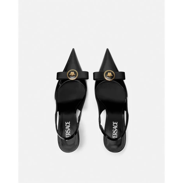 Versace Gianni Ribbon Patent Slingbacks 85 mm in Black and Gold, view 5 | Heels