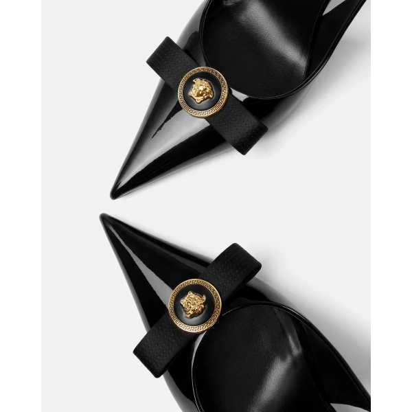 Versace Gianni Ribbon Patent Slingbacks 85 mm in Black and Gold, view 6 | Heels