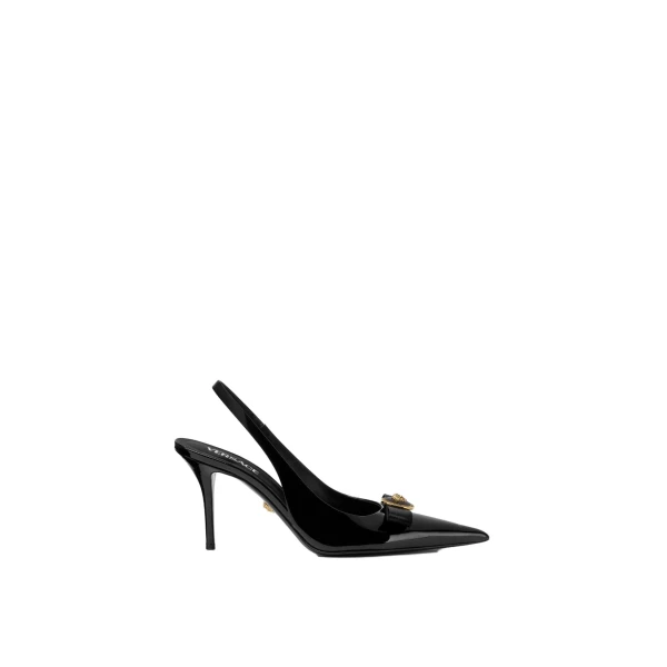 Versace Gianni Ribbon Patent Slingbacks 85 mm in Black and Gold | Heels | Coveti