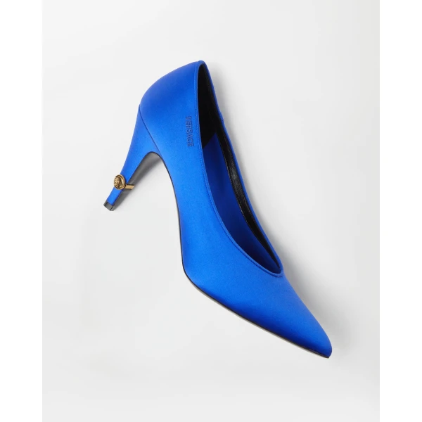 Versace Gianni Satin Pumps 90 mm in Blue, view 4 | Heels