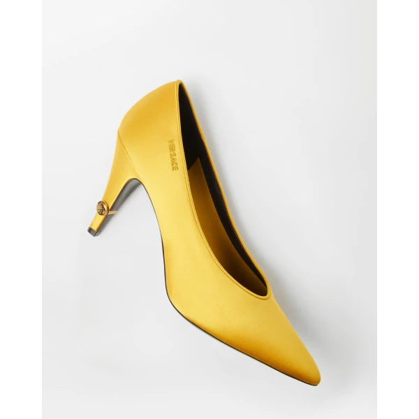 Versace Gianni Satin Pumps 90 mm in Gold, view 3 | Heels