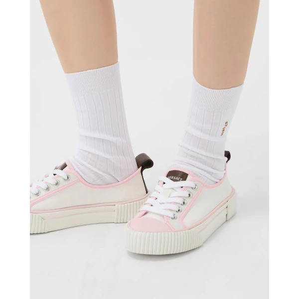 Versace Goliath Canvas Sneakers in White and Pink, view 2 | Sneakers