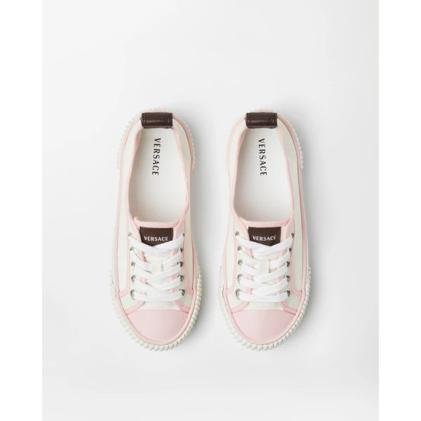 Versace Goliath Canvas Sneakers in White and Pink, view 3 | Sneakers