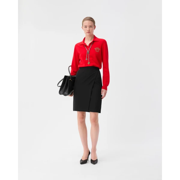 Versace Grain De Poudre Wool Midi Skirt in Black, view 2 | Midi Skirts