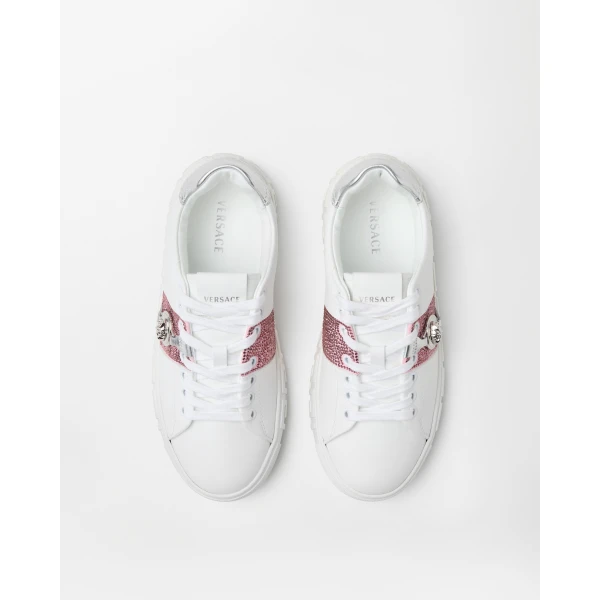 Versace Greca Embellished Sneakers in White, view 2 | Sneakers