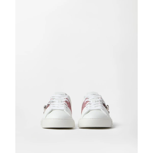 Versace Greca Embellished Sneakers in White, view 3 | Sneakers