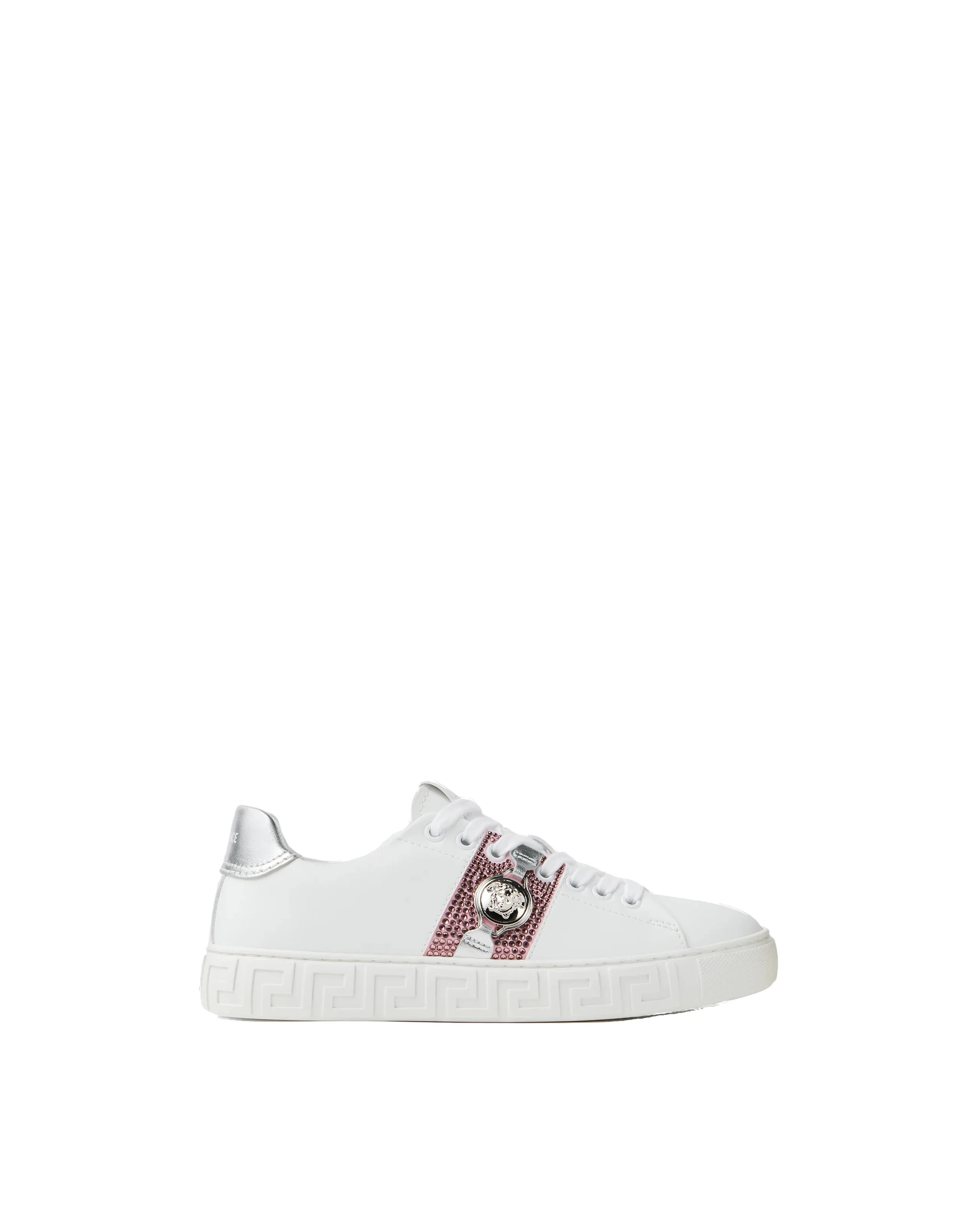 Versace Greca Embellished Sneakers in White Versace Greca Embellished Sneakers in White | Sneakers | Coveti