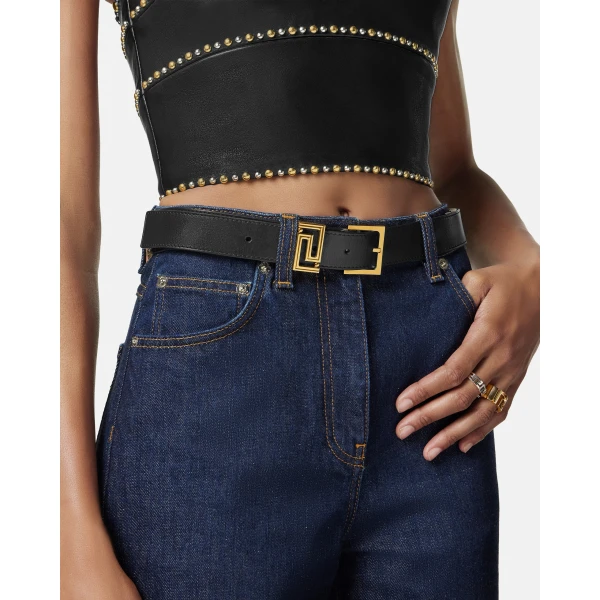 Versace Greca Goddess Leather Belt 3 cm in Black and Gold, view 3 | Belts