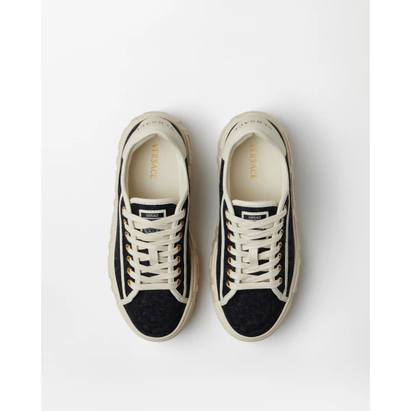 Versace Greca Jacquard Canvas Platform Sneakers in Black and White, view 2 | Sneakers
