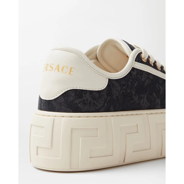 Versace Greca Jacquard Canvas Platform Sneakers in Black and White, view 4 | Sneakers