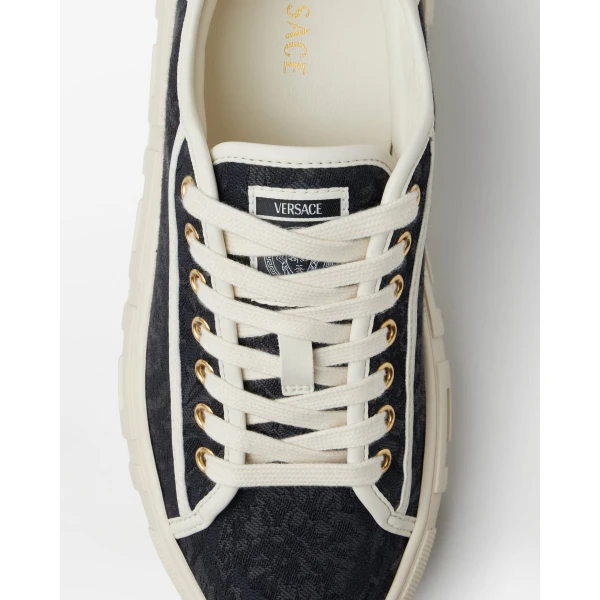 Versace Greca Jacquard Canvas Platform Sneakers in Black and White, view 6 | Sneakers