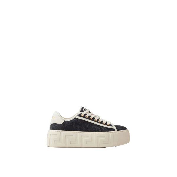 Greca Jacquard Canvas Platform Sneakers in Black and White