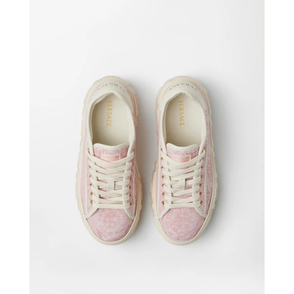 Versace Greca Jacquard Canvas Platform Sneakers in White and Pink, view 2 | Sneakers