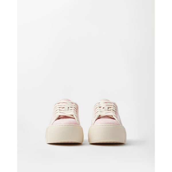 Versace Greca Jacquard Canvas Platform Sneakers in White and Pink, view 3 | Sneakers