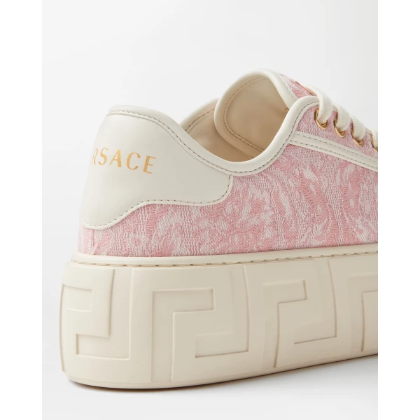 Versace Greca Jacquard Canvas Platform Sneakers in White and Pink, view 4 | Sneakers