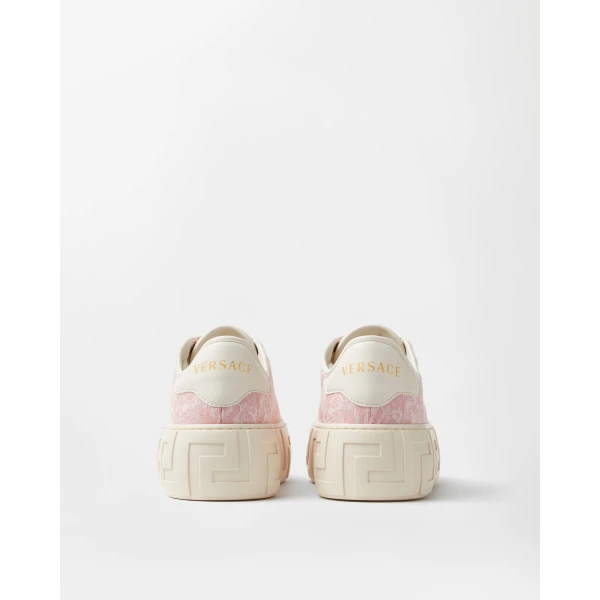Versace Greca Jacquard Canvas Platform Sneakers in White and Pink, view 5 | Sneakers