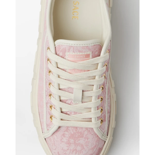 Versace Greca Jacquard Canvas Platform Sneakers in White and Pink, view 6 | Sneakers