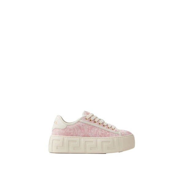 Greca Jacquard Canvas Platform Sneakers in White and Pink
