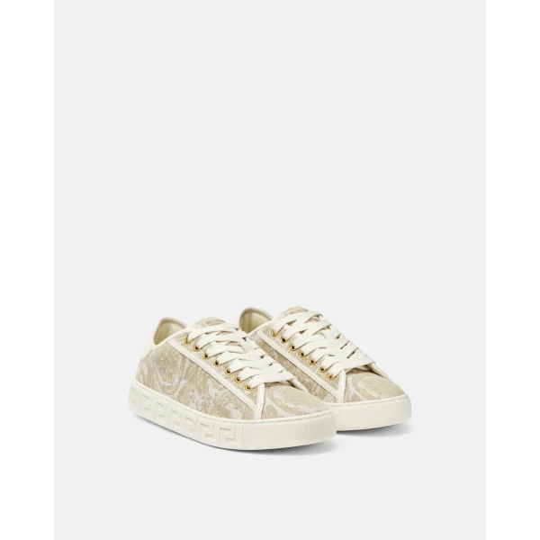 Versace Greca Jacquard Canvas Sneakers in Beige and Print, view 2 | Sneakers