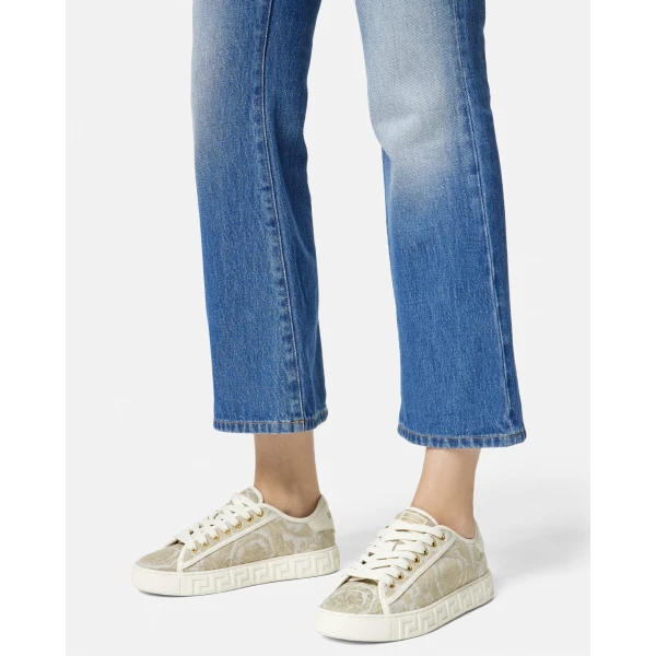 Versace Greca Jacquard Canvas Sneakers in Beige and Print, view 3 | Sneakers