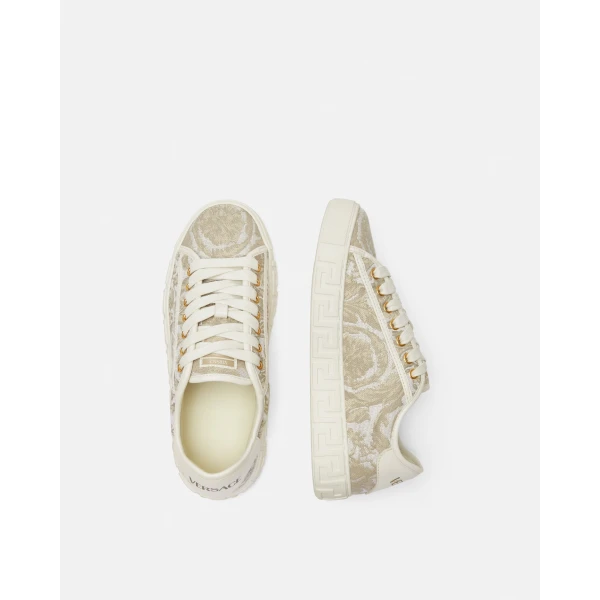 Versace Greca Jacquard Canvas Sneakers in Beige and Print, view 4 | Sneakers
