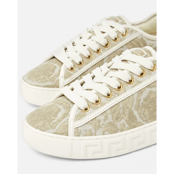 Versace Greca Jacquard Canvas Sneakers in Beige and Print, view 5 | Sneakers