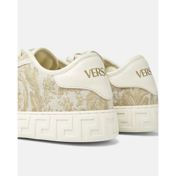 Versace Greca Jacquard Canvas Sneakers in Beige and Print, view 6 | Sneakers