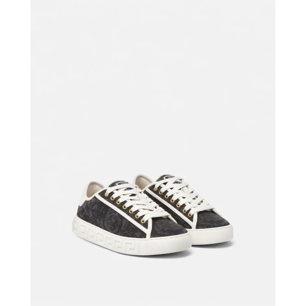 Versace Greca Jacquard Canvas Sneakers in Black and Print, view 2 | Sneakers