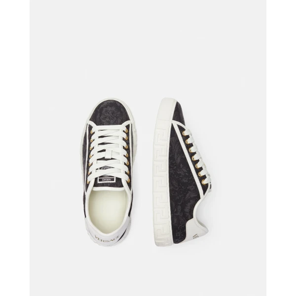 Versace Greca Jacquard Canvas Sneakers in Black and Print, view 4 | Sneakers