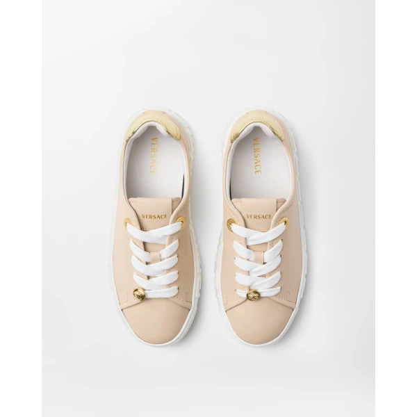 Versace Greca Leather Sneakers in Beige and Gold, view 2 | Sneakers